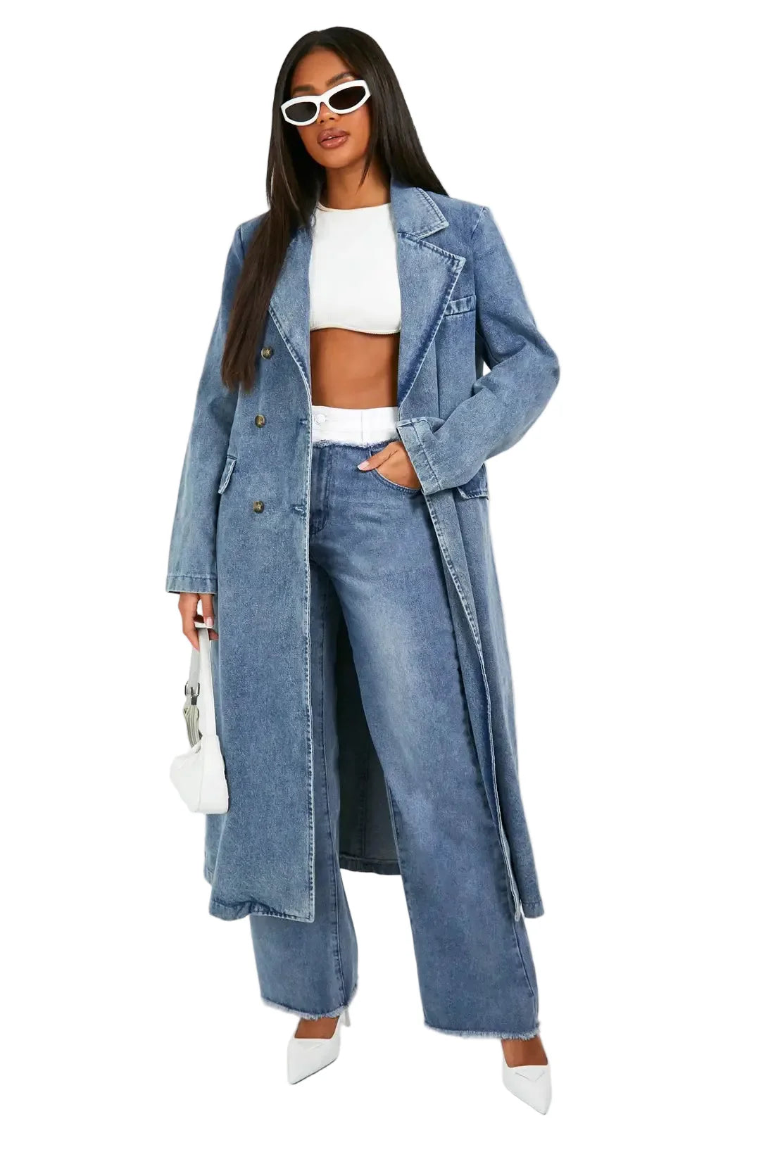 Damen Langer Denim Trenchcoat mit Zweireihigen Knöpfen und Reverskragen