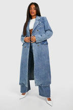 Damen Langer Denim Trenchcoat mit Zweireihigen Knöpfen und Reverskragen Ansicht 3