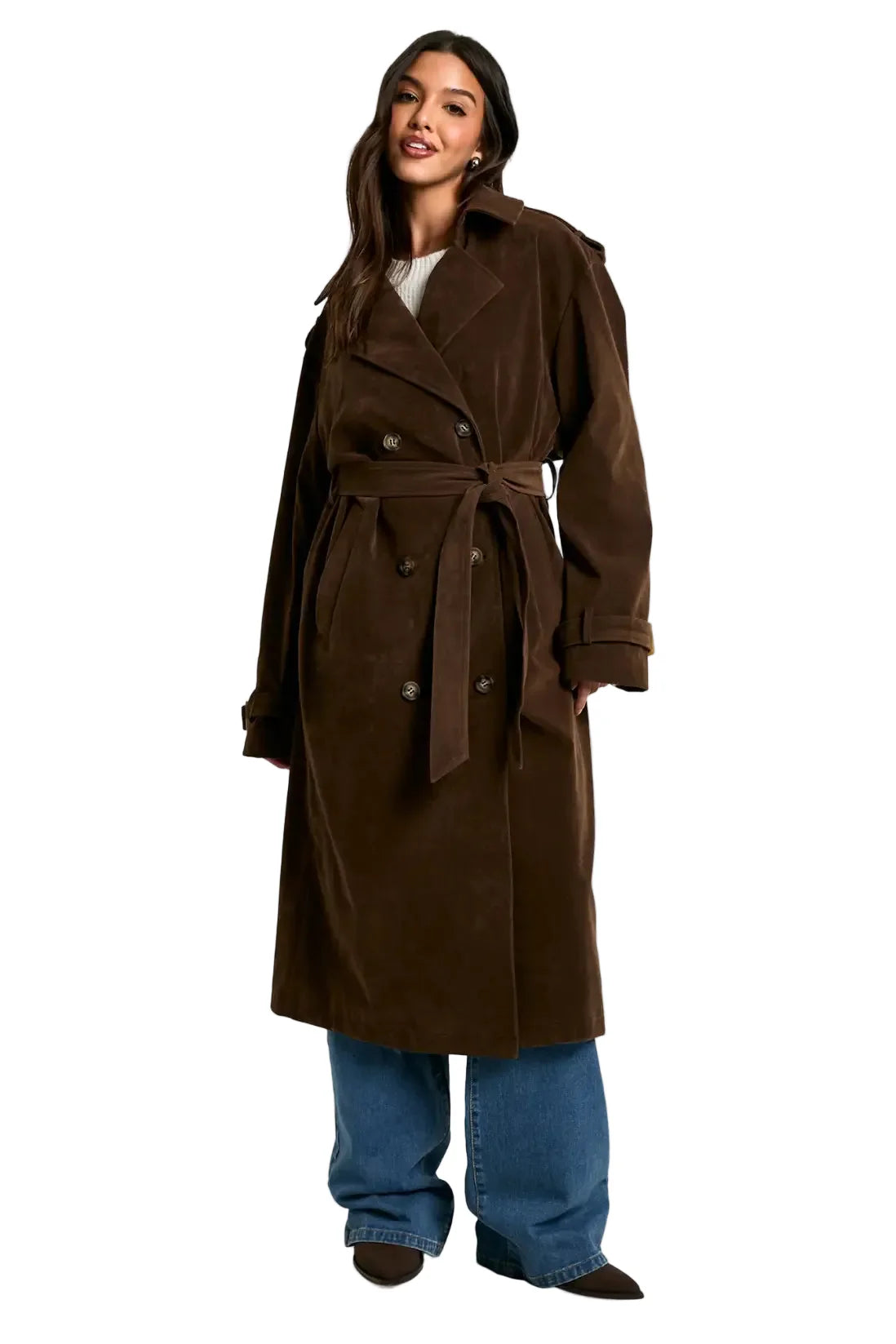 Damen Langer Trenchcoat mit Zweireihigen Knöpfen und Schulterklappen