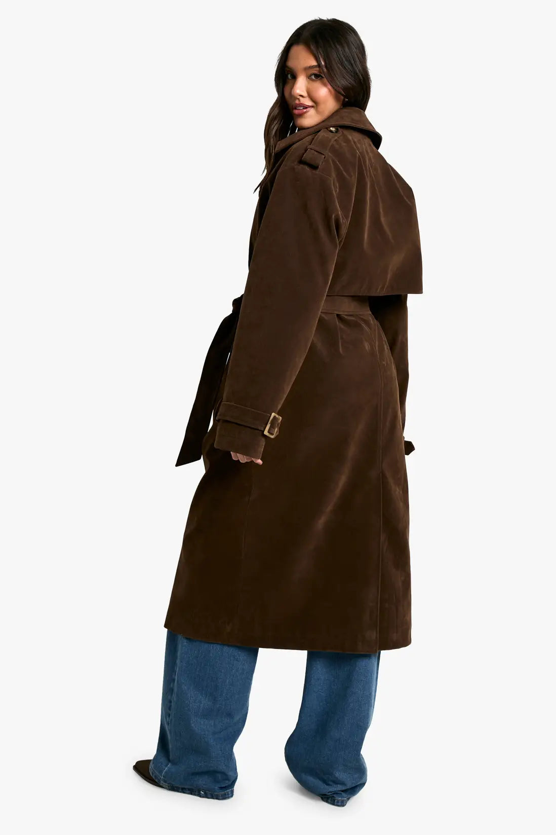 Damen Langer Trenchcoat mit Zweireihigen Knöpfen und Schulterklappen Ansicht 2