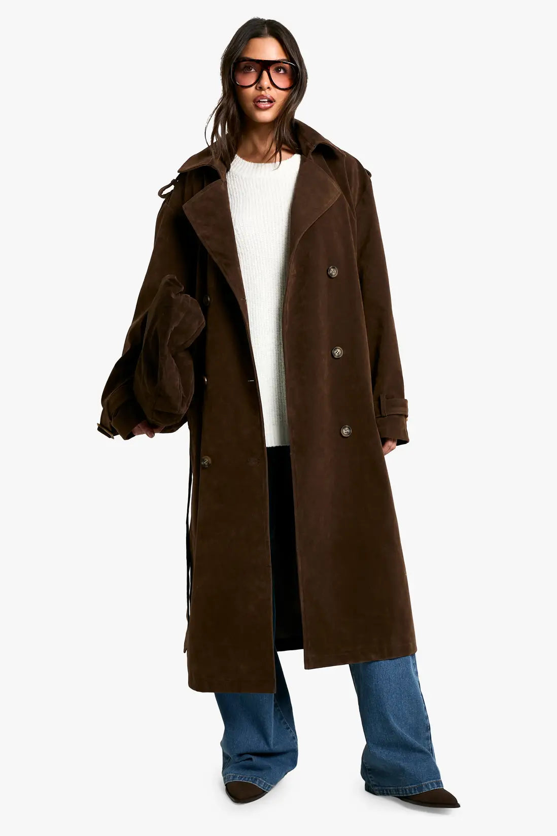 Damen Langer Trenchcoat mit Zweireihigen Knöpfen und Schulterklappen Ansicht 3