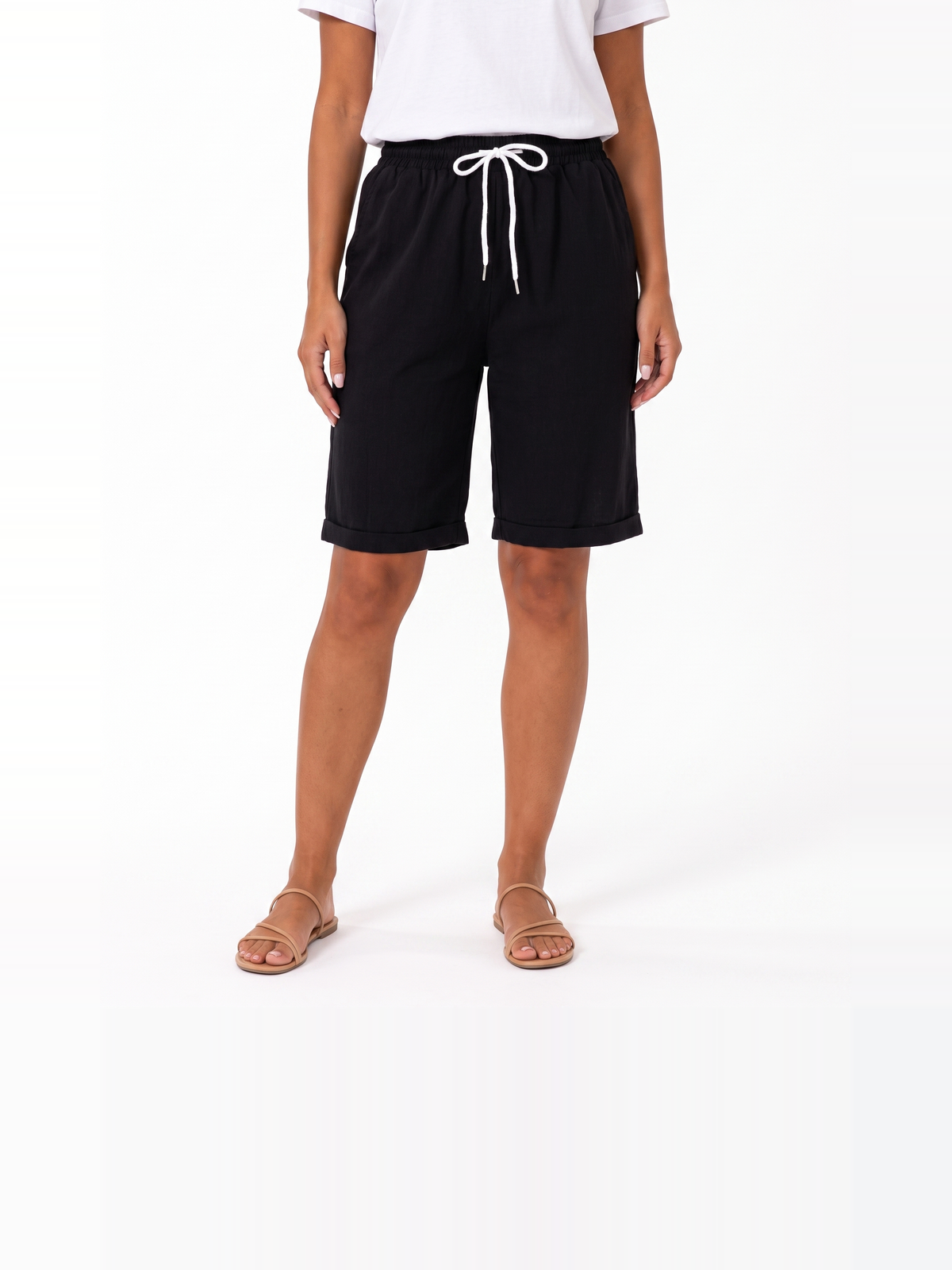 Damen Leinenshorts in Kniehöhe mit Elastischem Bund und Umschlagsaum
