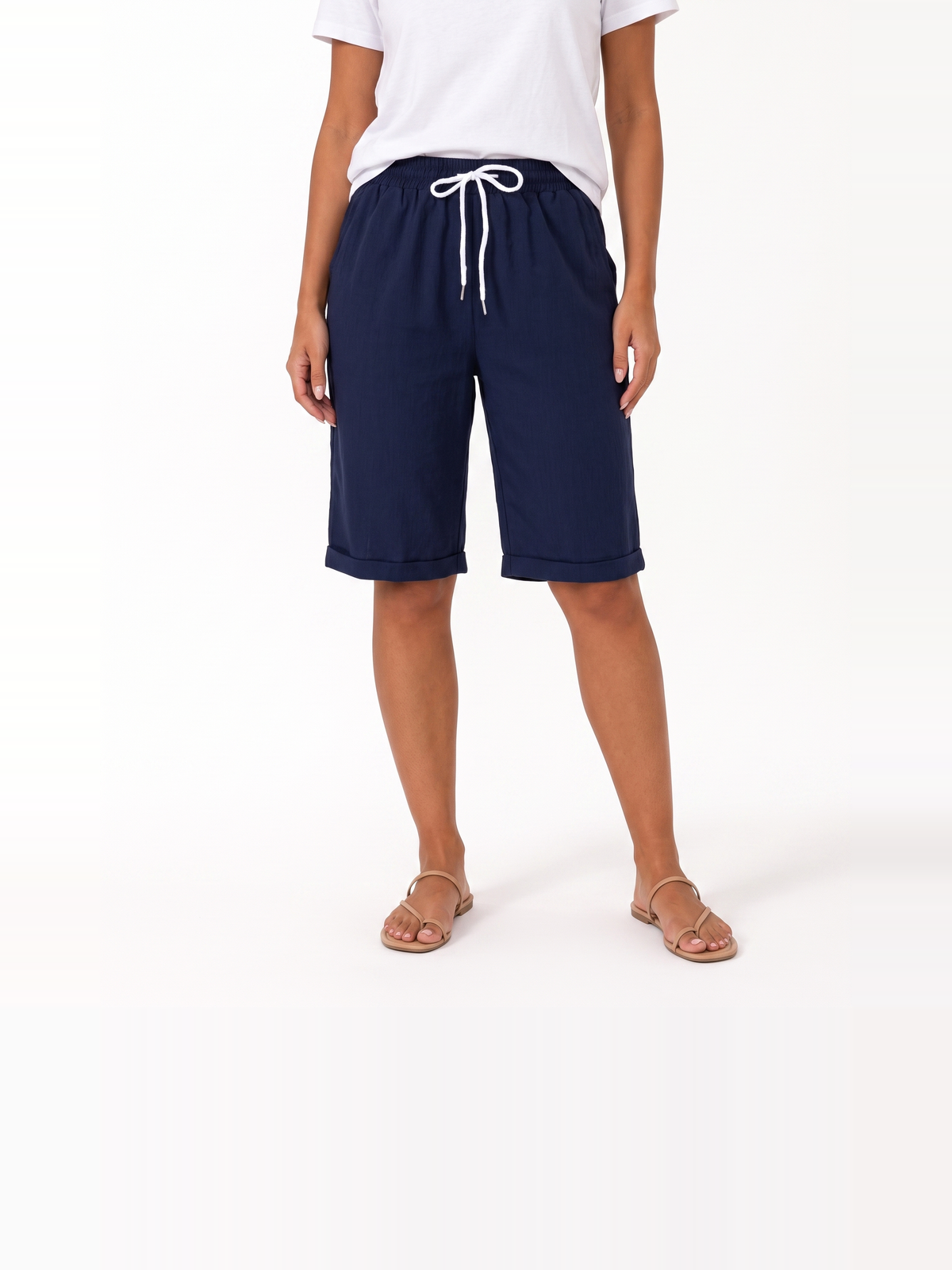 Damen Leinenshorts in Kniehöhe mit Elastischem Bund und Umschlagsaum – Ansicht 13