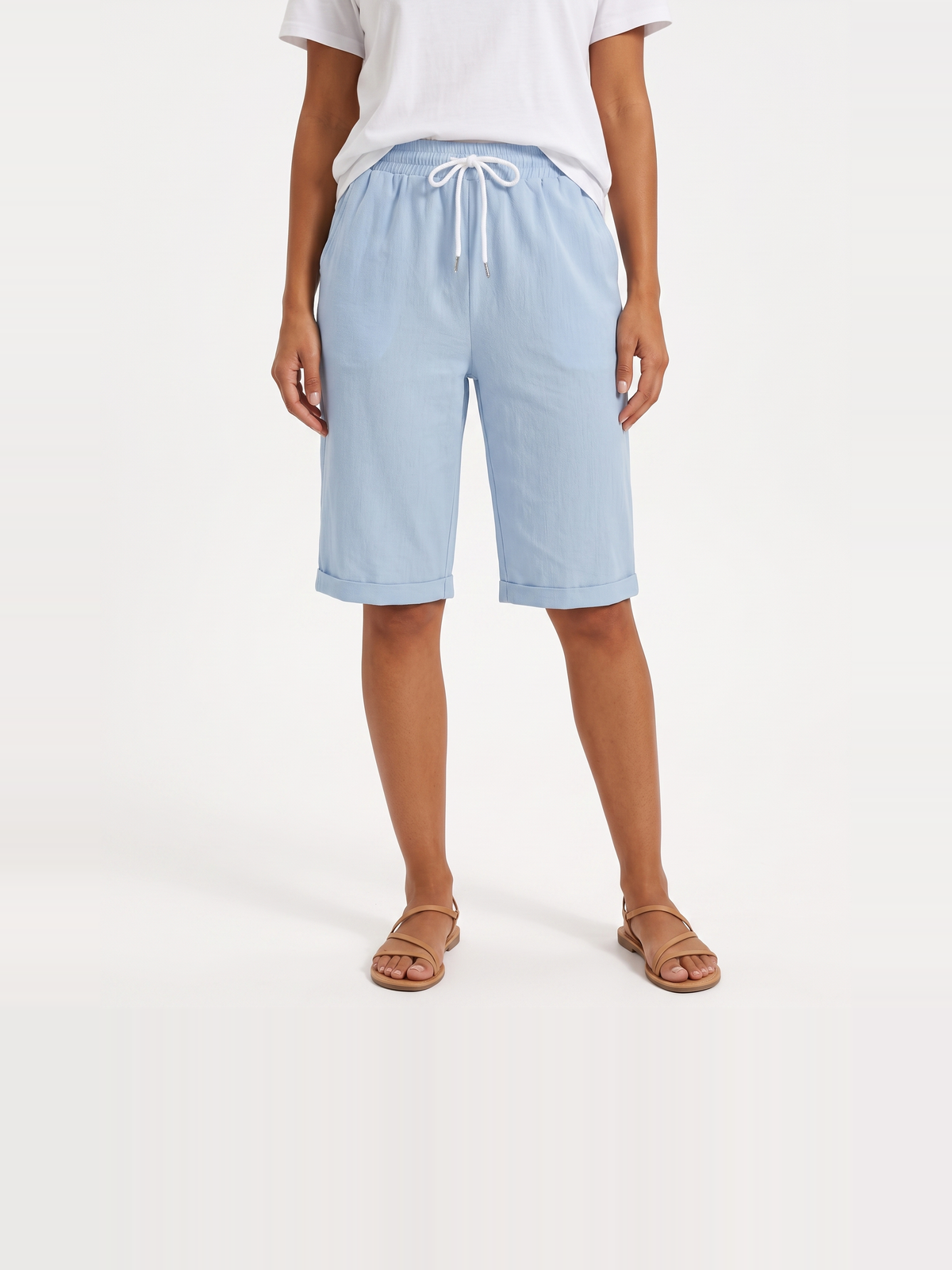 Damen Leinenshorts in Kniehöhe mit Elastischem Bund und Umschlagsaum – Ansicht 17