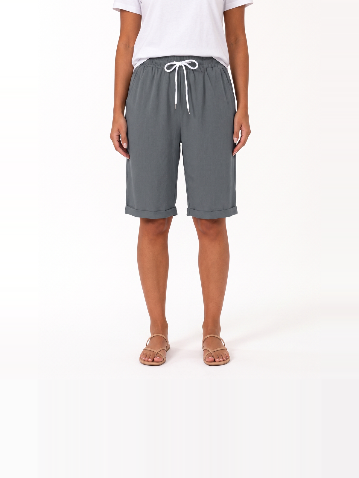 Damen Leinenshorts in Kniehöhe mit Elastischem Bund und Umschlagsaum – Ansicht 9