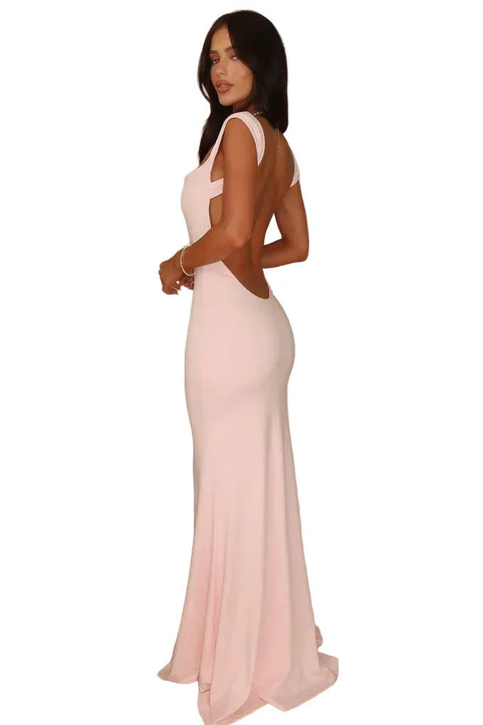 Damen Maxikleid Bodycon mit Drapiertem Ausschnitt und Tiefem Rückenausschnitt