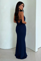 Damen Maxikleid Neckholder mit Drapiertem Ausschnitt und Beinschlitz Ansicht 2