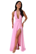 Damen Maxikleid Neckholder mit Tiefem V-Ausschnitt und Beinschlitz