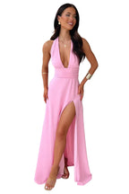 Damen Maxikleid Neckholder mit Tiefem V-Ausschnitt und Beinschlitz