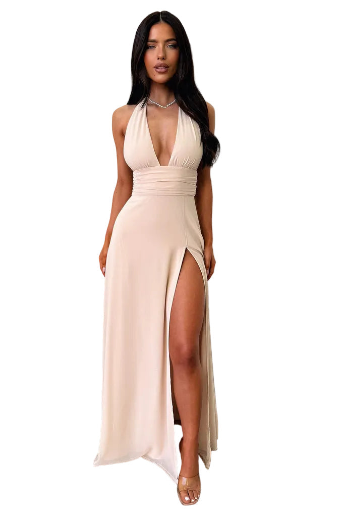 Damen Maxikleid Neckholder mit Tiefem V-Ausschnitt und Beinschlitz Ansicht 16