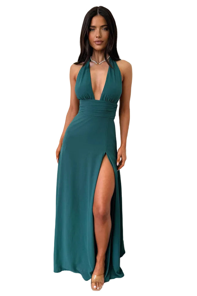 Damen Maxikleid Neckholder mit Tiefem V-Ausschnitt und Beinschlitz Ansicht 19