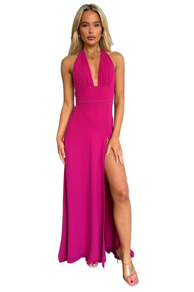 Damen Maxikleid Neckholder mit Tiefem V-Ausschnitt und Beinschlitz Ansicht 22