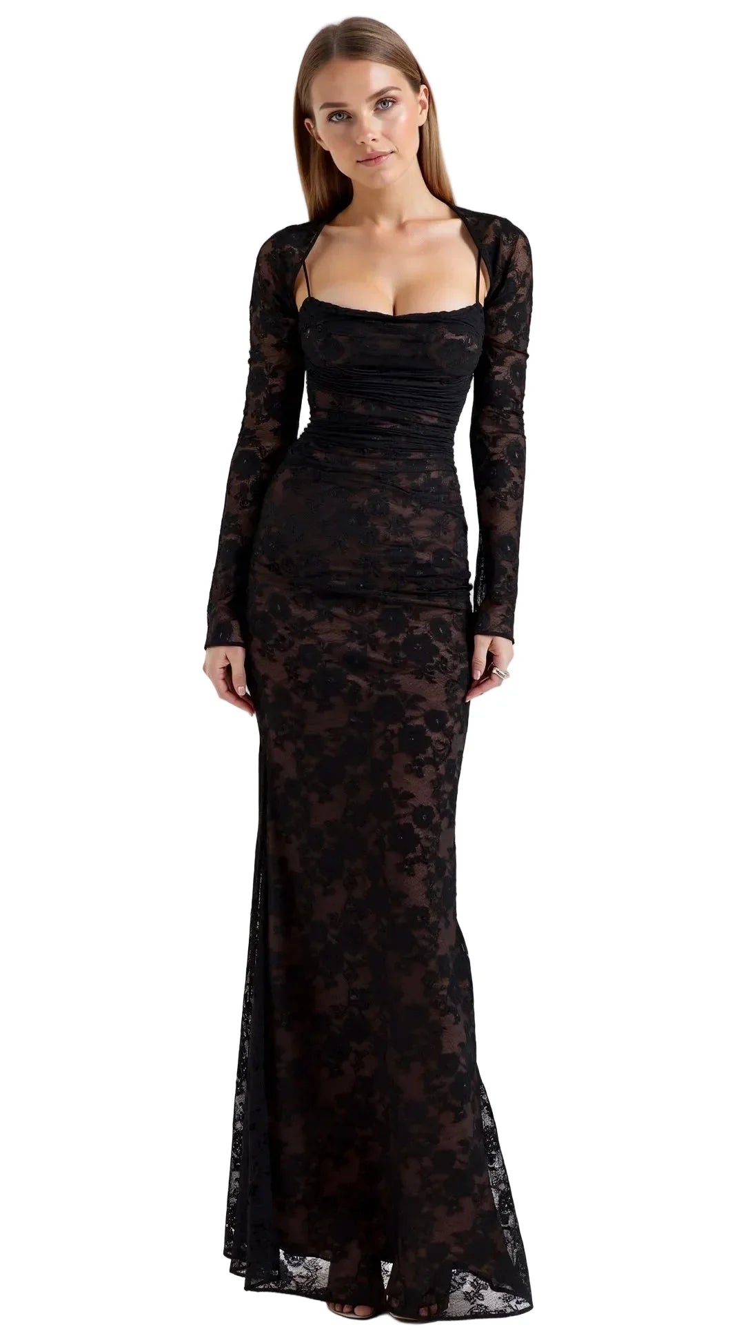 Damen Maxikleid aus Spitze mit langen Ärmeln und Korsett-Schnürung am Rücken
