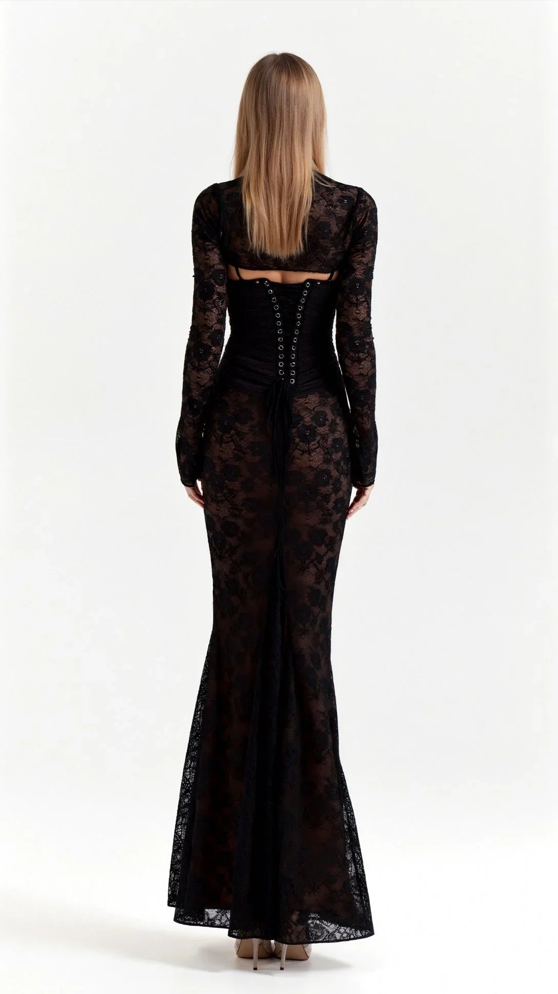 Damen Maxikleid aus Spitze mit langen Ärmeln und Korsett-Schnürung am Rücken Ansicht 2