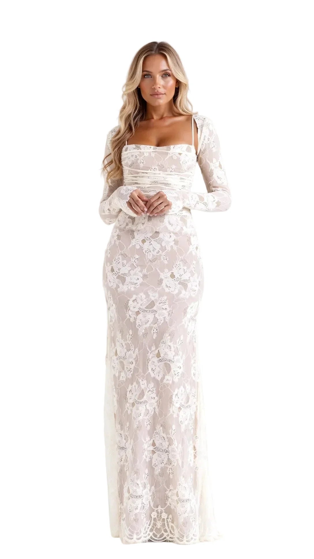 Damen Maxikleid aus Spitze mit langen Ärmeln und Korsett-Schnürung am Rücken Ansicht 3