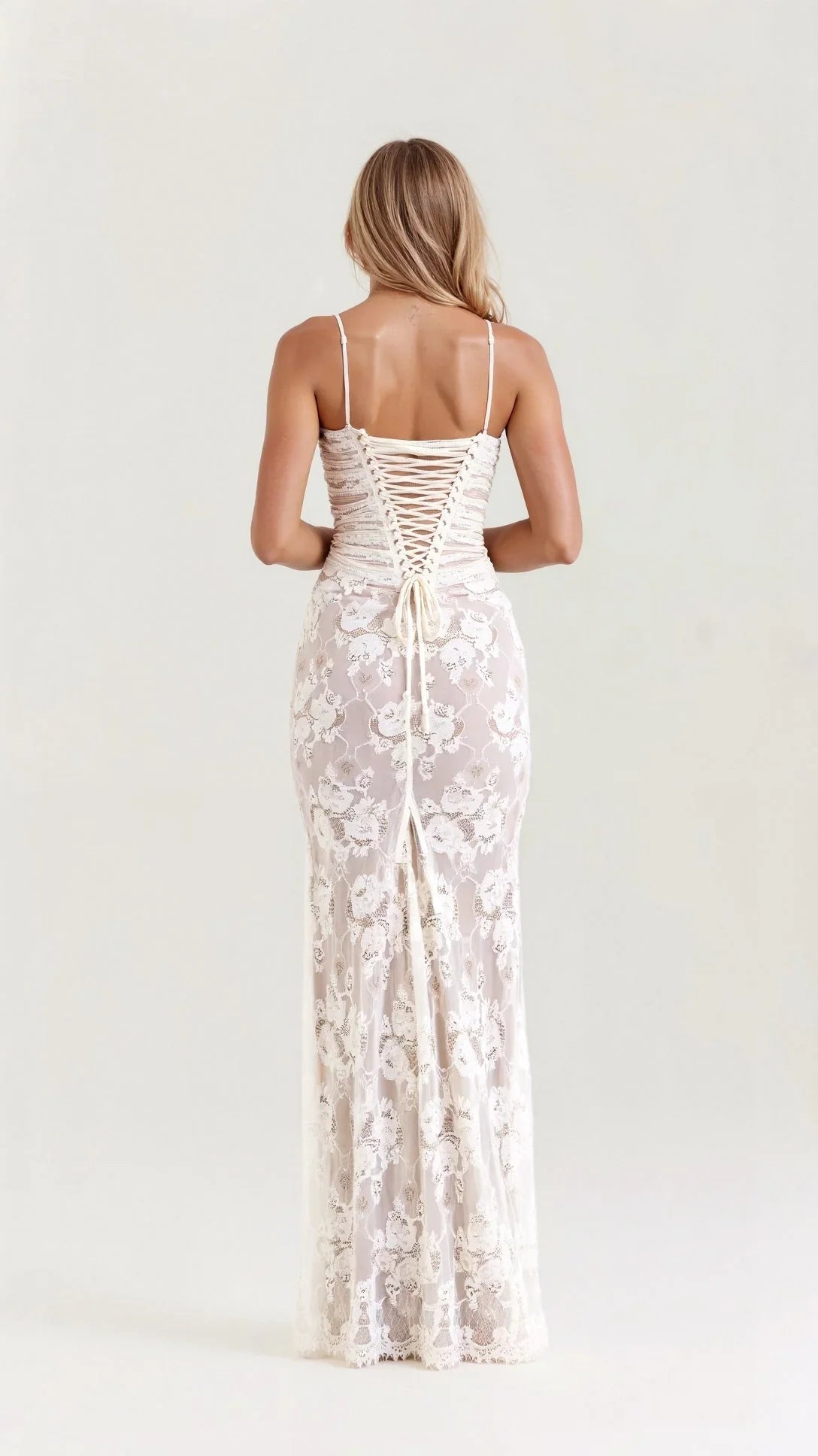 Damen Maxikleid aus Spitze mit langen Ärmeln und Korsett-Schnürung am Rücken Ansicht 4