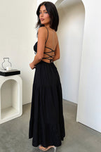 Damen Maxikleid mit Bindeband am Ausschnitt und Gestuftem Rock – Ansicht 2