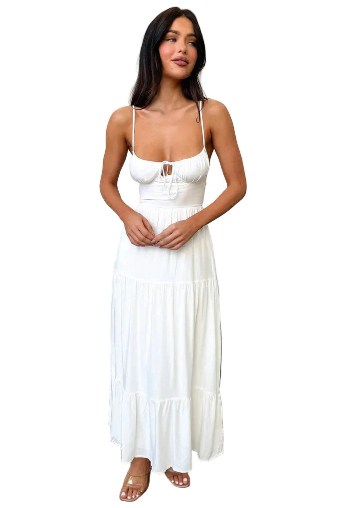 Damen Maxikleid mit Bindeband am Ausschnitt und Gestuftem Rock – Ansicht 4