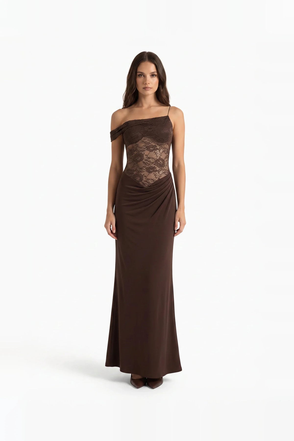 Damen Maxikleid mit Einem Träger, Spitzenoberteil und Drapierung