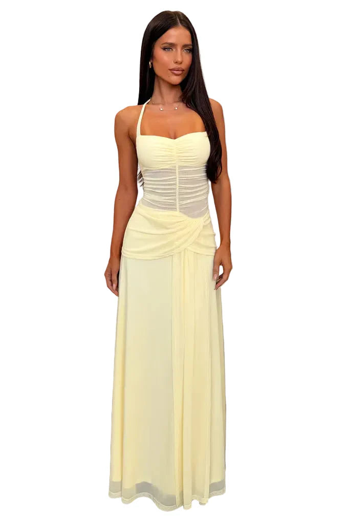 Damen Maxikleid mit einem am Hals gebundenen Träger und Mesh-Mieder