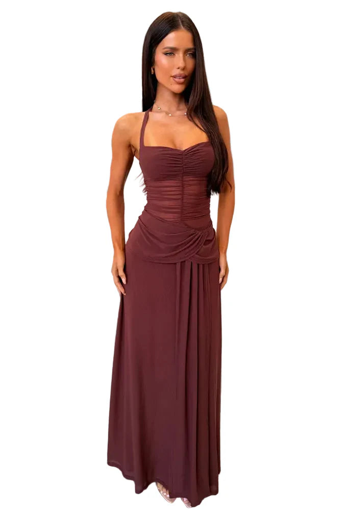 Damen Maxikleid mit einem am Hals gebundenen Träger und Mesh-Mieder Ansicht 4