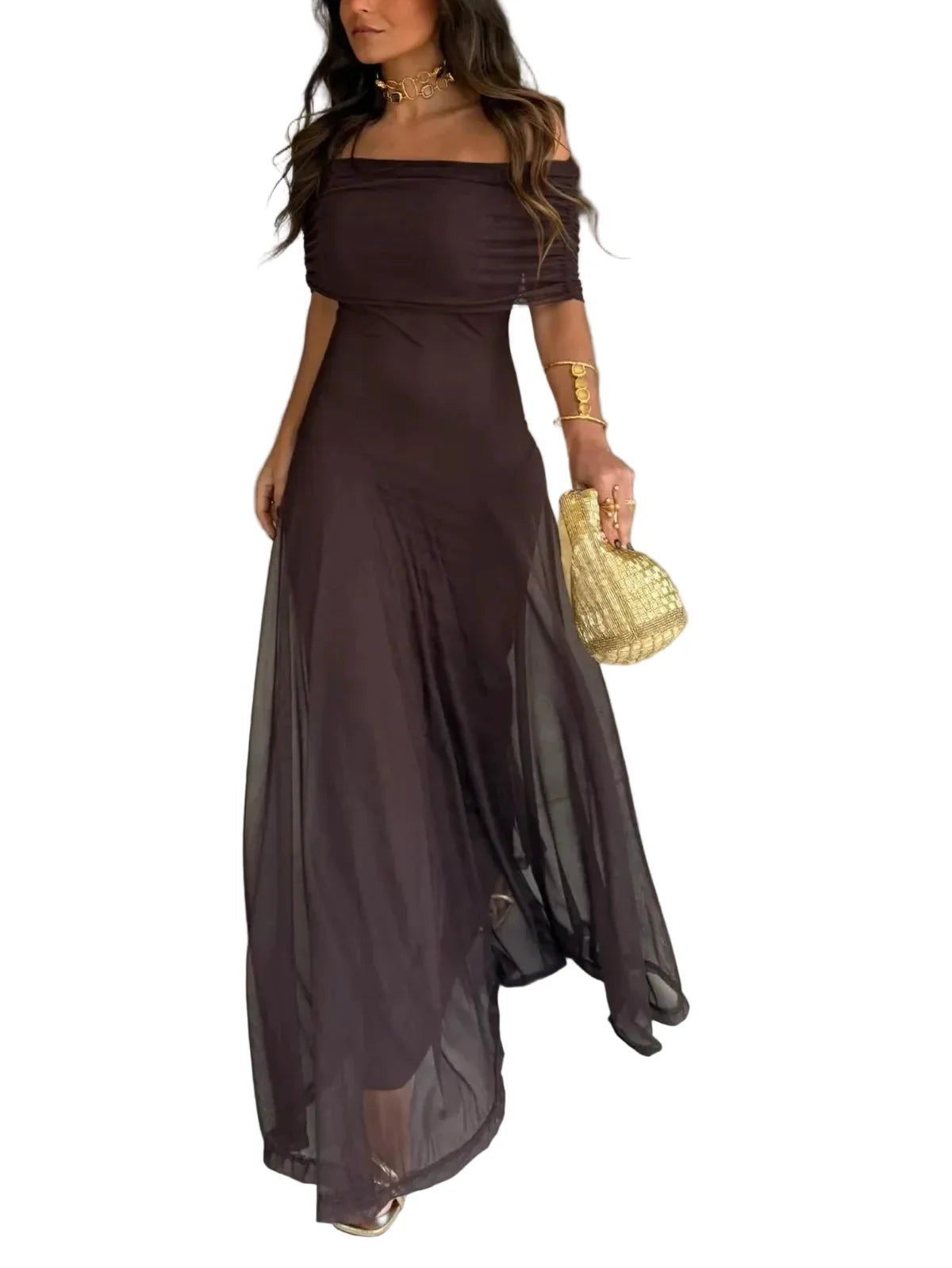 Damen Maxikleid mit gerafften schulterfreien Ärmeln und Chiffonrock
