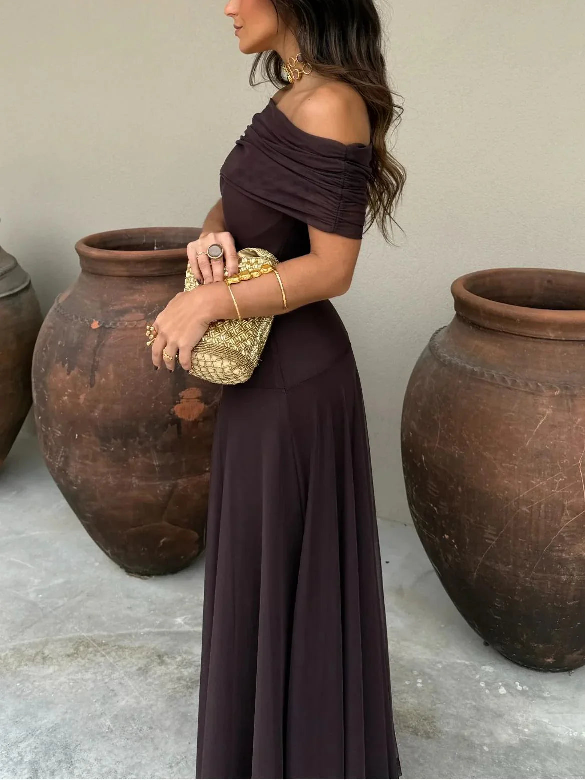 Damen Maxikleid mit gerafften schulterfreien Ärmeln und Chiffonrock Ansicht 3