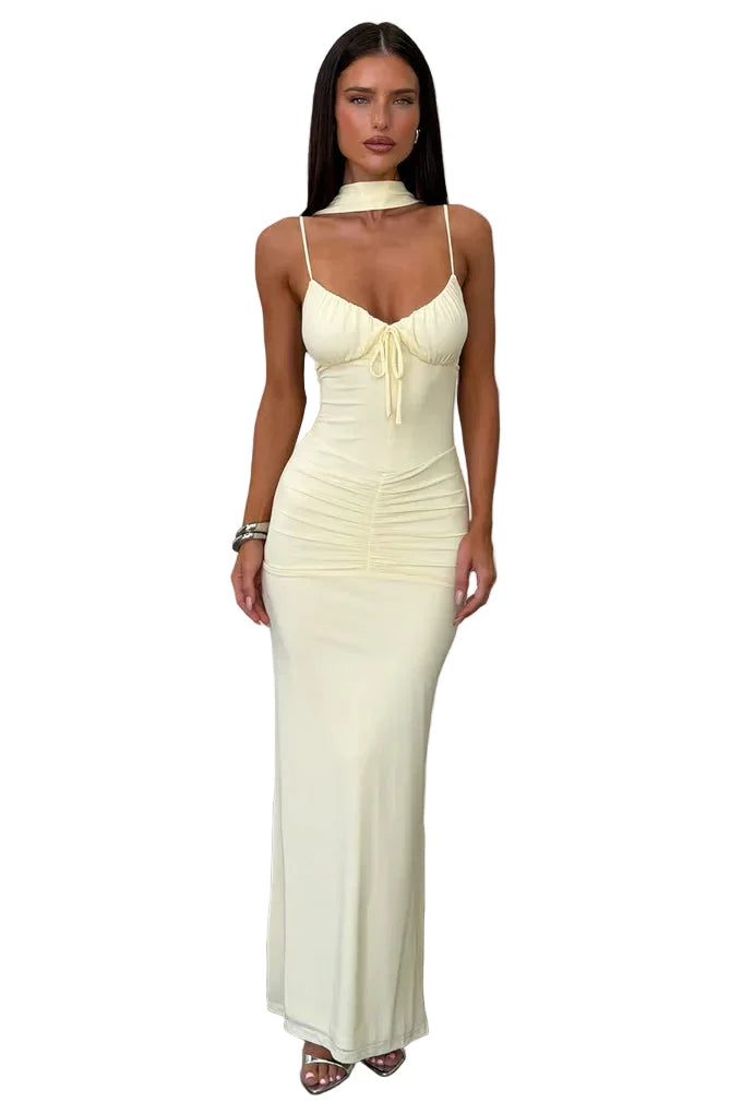 Damen Maxikleid mit Halsband und herabhängendem Rückenpanel