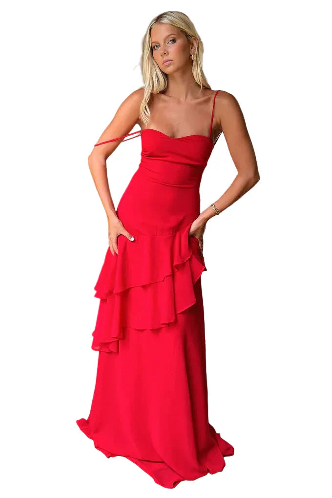 Damen Maxikleid mit Herzausschnitt und Kaskadenvolants am Rock