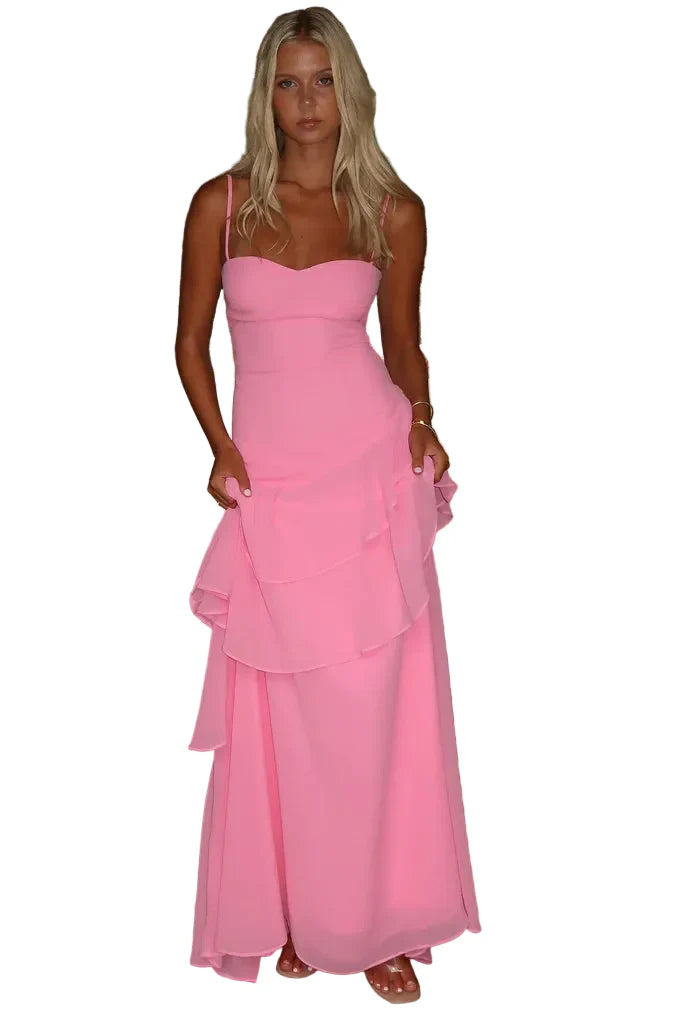 Damen Maxikleid mit Herzausschnitt und Kaskadenvolants am Rock – Ansicht 4