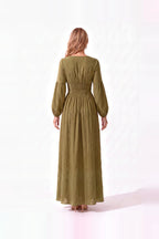 Damen Maxikleid mit Knopfleiste, Puffärmeln und V-Ausschnitt – Ansicht 2