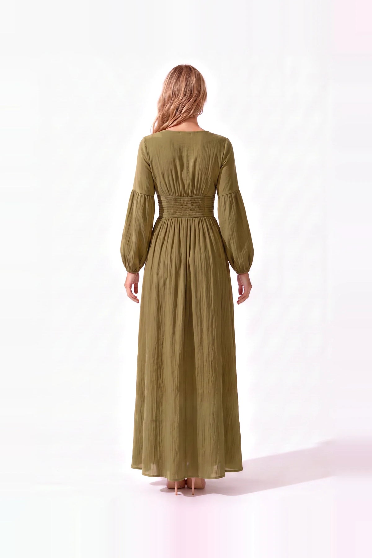 Damen Maxikleid mit Knopfleiste, Puffärmeln und V-Ausschnitt – Ansicht 2