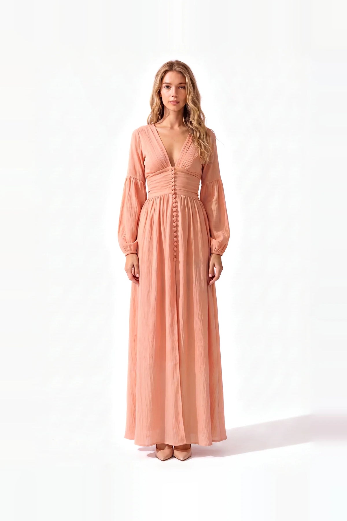 Damen Maxikleid mit Knopfleiste, Puffärmeln und V-Ausschnitt – Ansicht 3