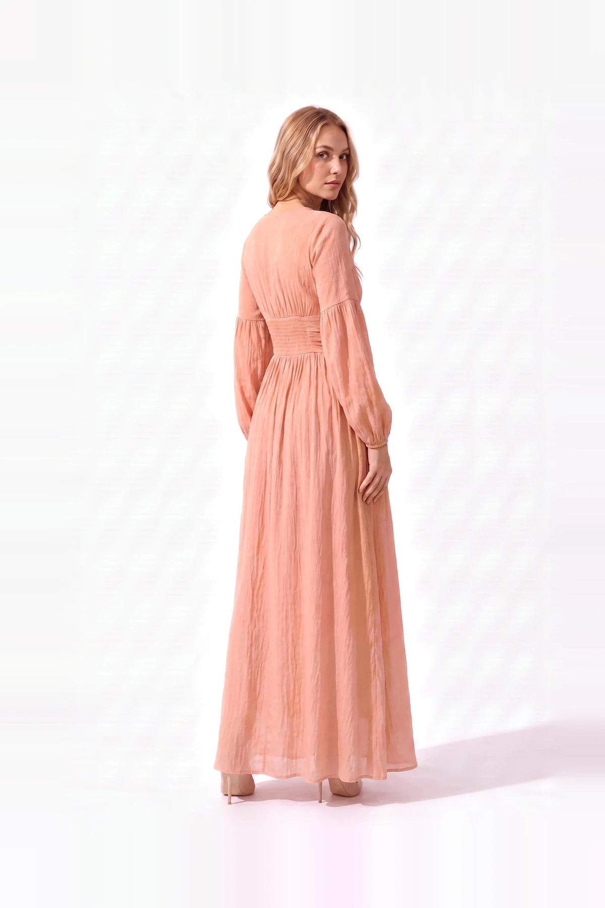 Damen Maxikleid mit Knopfleiste, Puffärmeln und V-Ausschnitt – Ansicht 4