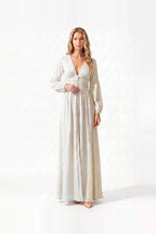 Damen Maxikleid mit Knopfleiste, Puffärmeln und V-Ausschnitt – Ansicht 5