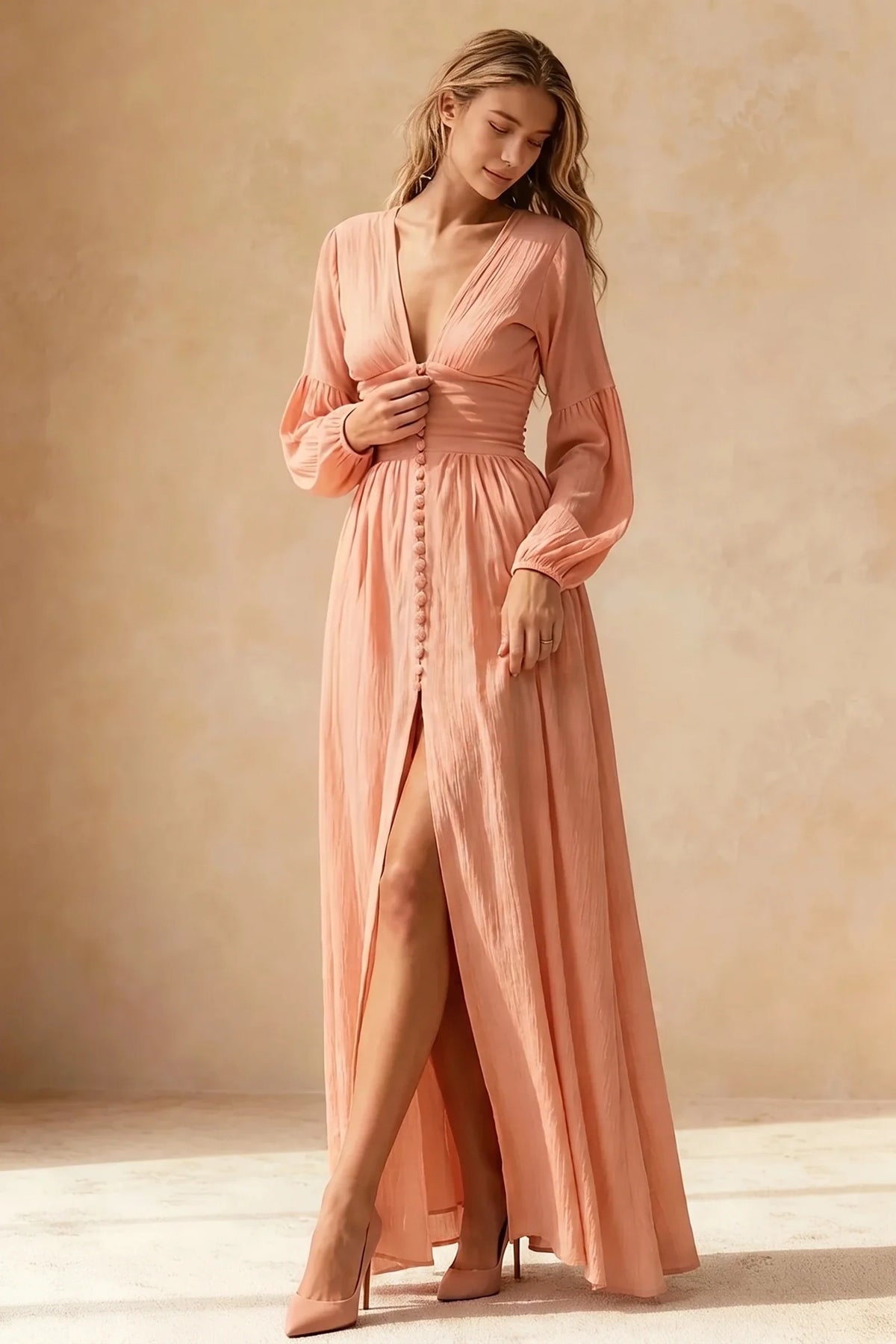 Damen Maxikleid mit Knopfleiste, Puffärmeln und V-Ausschnitt – Ansicht 7