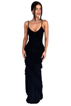 Damen Maxikleid mit Spaghettiträgern und diagonalen Volants über die gesamte Länge