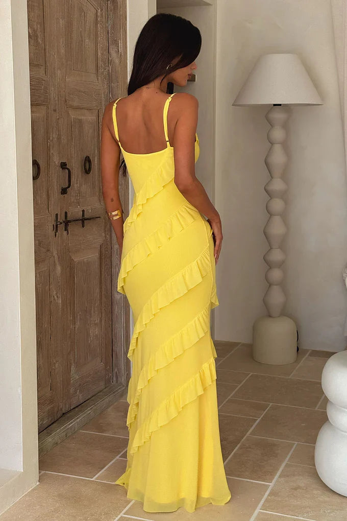 Damen Maxikleid mit Spaghettiträgern und diagonalen Volants über die gesamte Länge Ansicht 12