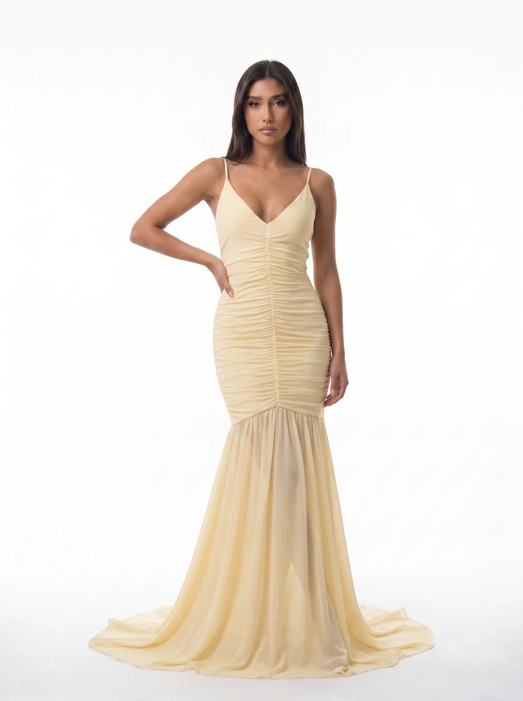 Damen Maxikleid mit Spaghettiträgern und Raffung im Meerjungfrau-Schnitt – Ansicht 3