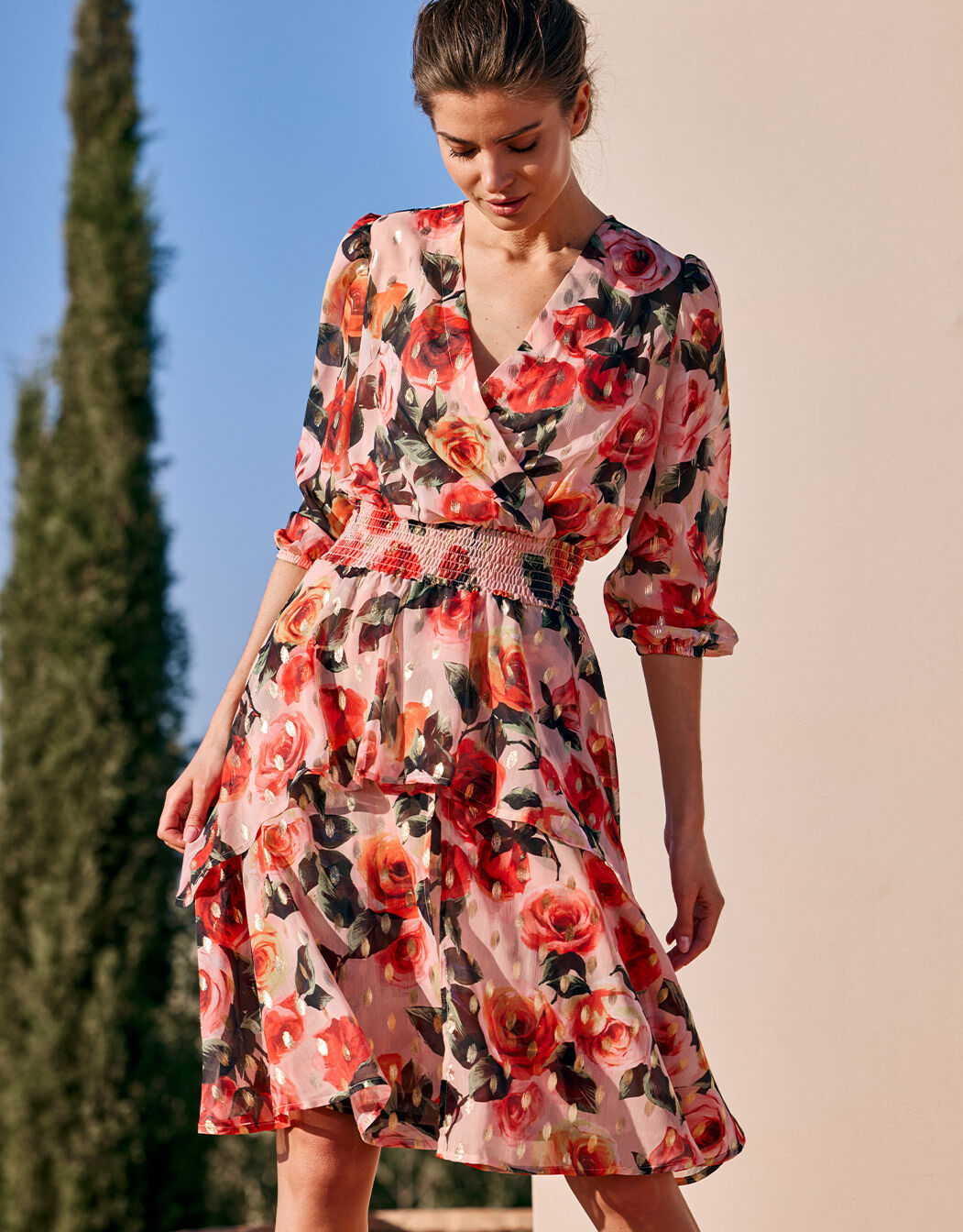 Damen Midikleid mit Blumenmuster und langem Arm Ansicht 4