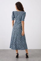 Damen Midikleid mit Blumenmuster und Puffärmeln mit Seitenschlitz Ansicht 2