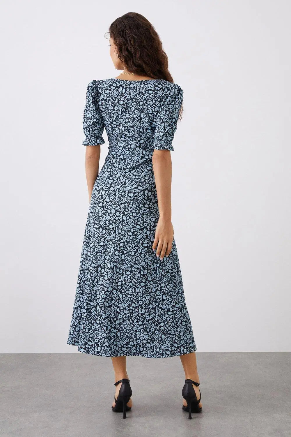 Damen Midikleid mit Blumenmuster und Puffärmeln mit Seitenschlitz Ansicht 2