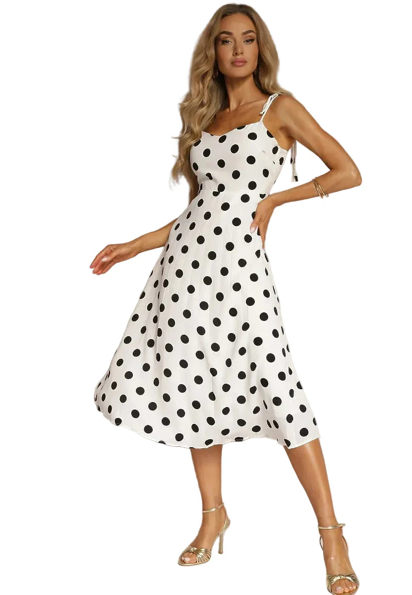 Damen Midikleid mit gebundenen Trägern gerafftem Rücken und schwarzem Punktemuster