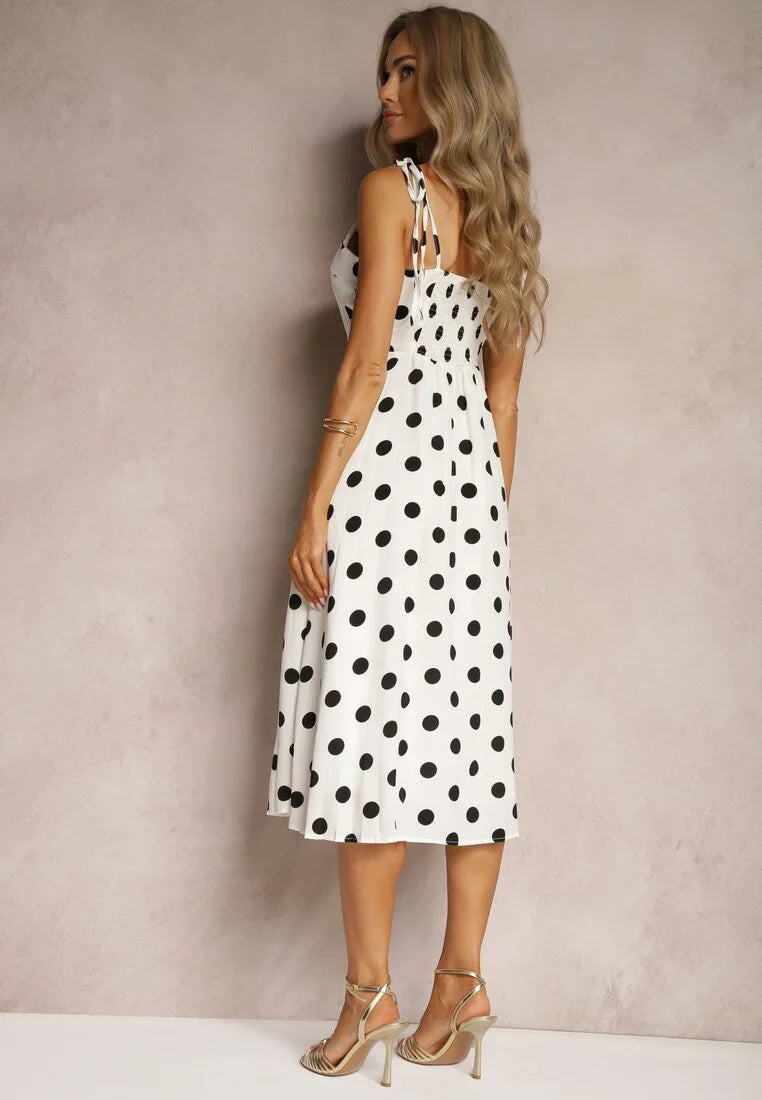 Damen Midikleid mit gebundenen Trägern gerafftem Rücken und schwarzem Punktemuster Ansicht 2