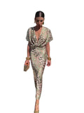 Damen Midikleid mit tiefem V-Ausschnitt und Metallic-Animal-Print