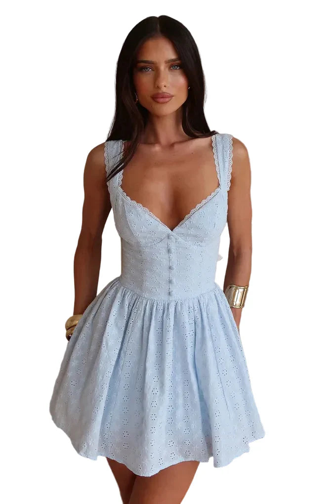 Damen Minikleid mit breiten Trägern Spitzenbesatz und floraler Lochstickerei Ansicht 7