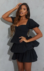 Damen Minikleid mit Herzausschnitt und Puffärmeln mit Stufensaum Ansicht 6