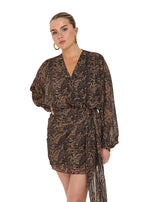 Damen Minikleid mit langem Arm abstraktem Muster und Bindung an der Taille