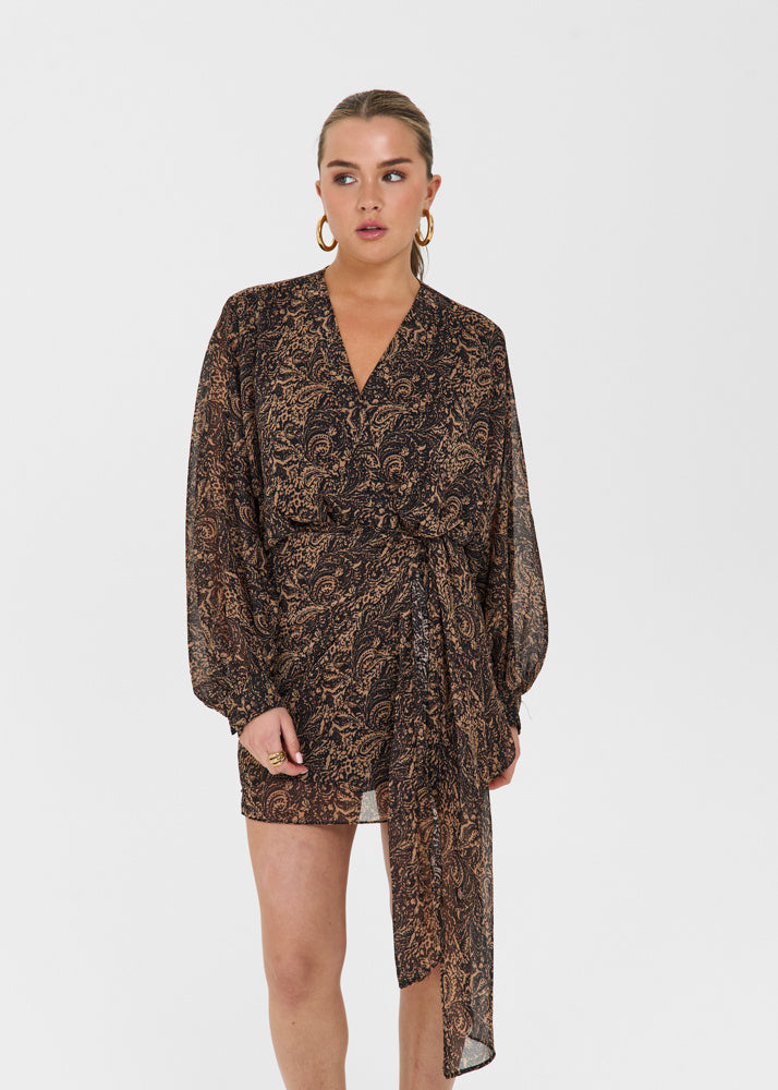 Damen Minikleid mit langem Arm abstraktem Muster und Bindung an der Taille Ansicht 2