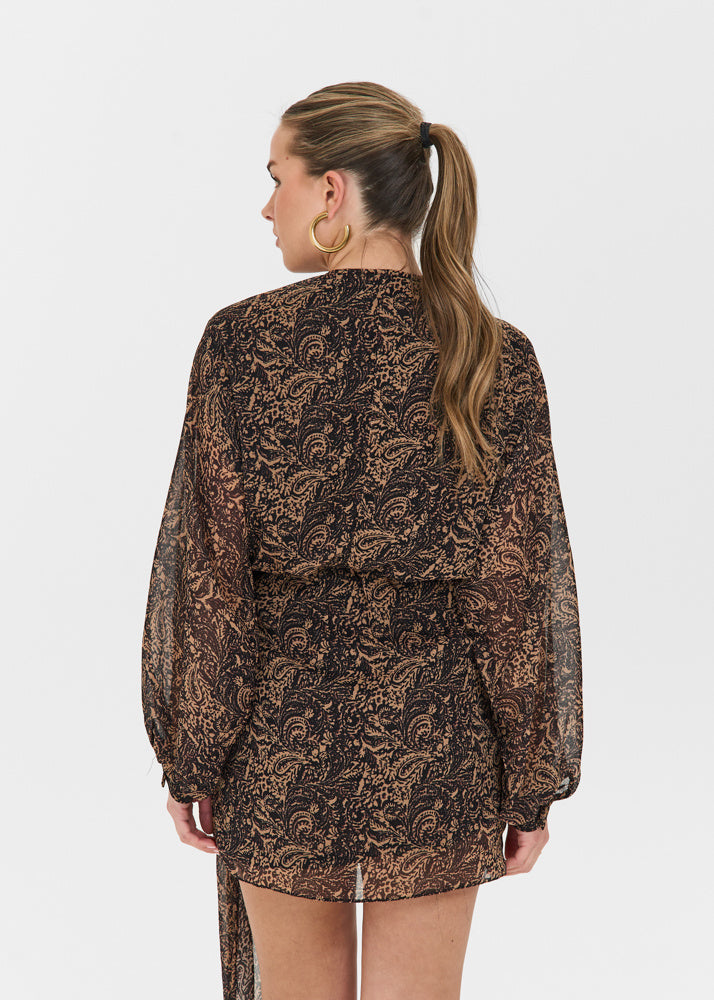 Damen Minikleid mit langem Arm abstraktem Muster und Bindung an der Taille Ansicht 3